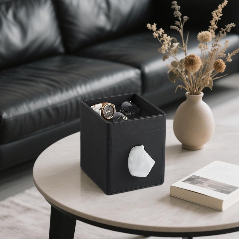 Cretkhp Tissue Box Cover, PU Leather Square Tissue Box Holder with Storage Tray for Bathroom Vanity Countertop Night Stands Bedroom Office Desk, Stylish Tissue Holder Decorative Organizer (Black) - Image 2